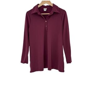Chico's Burgundy Long Sleeve Polo Tunic‎ Top Gold Buttons Casual Classic